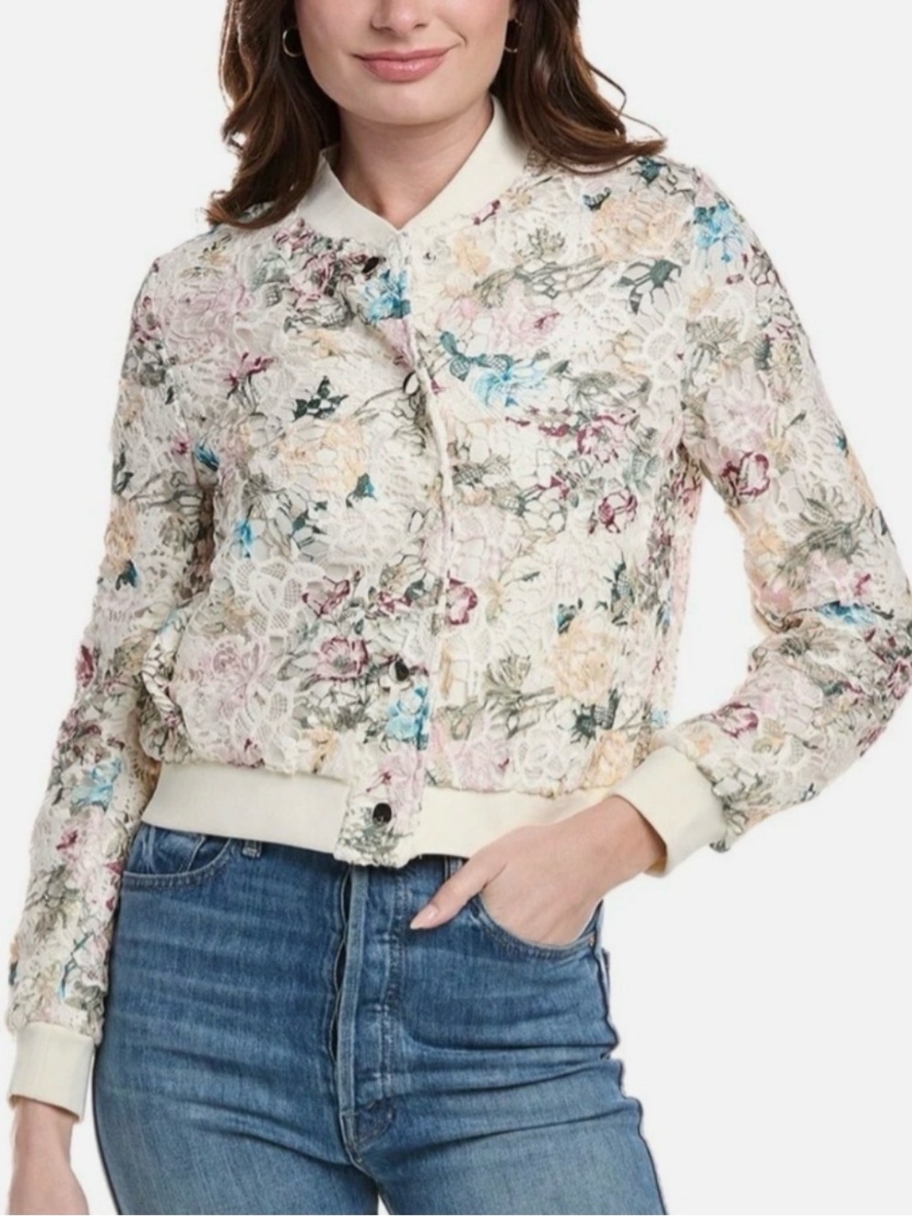 Nanette Lepore Floral Lace Bomber Jacket - Cream Multicolor